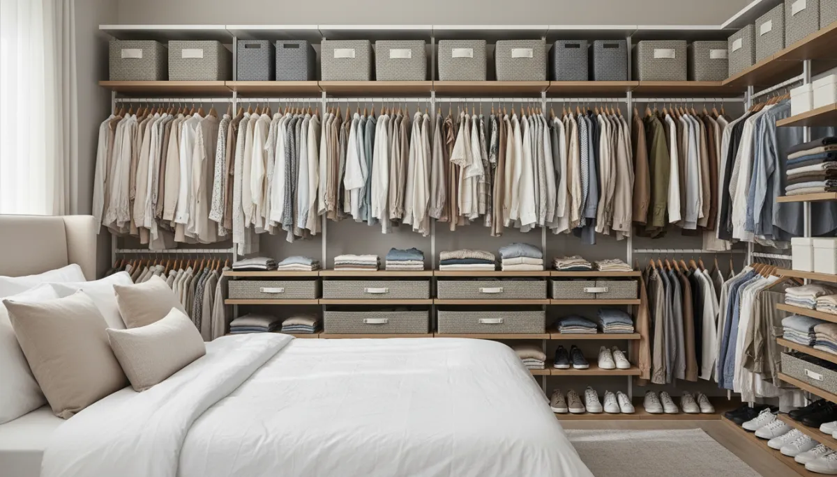 Organized bedroom closet with shelves, drawers, and hanging space Organized bedroom closet with shelves, drawers, and hanging space