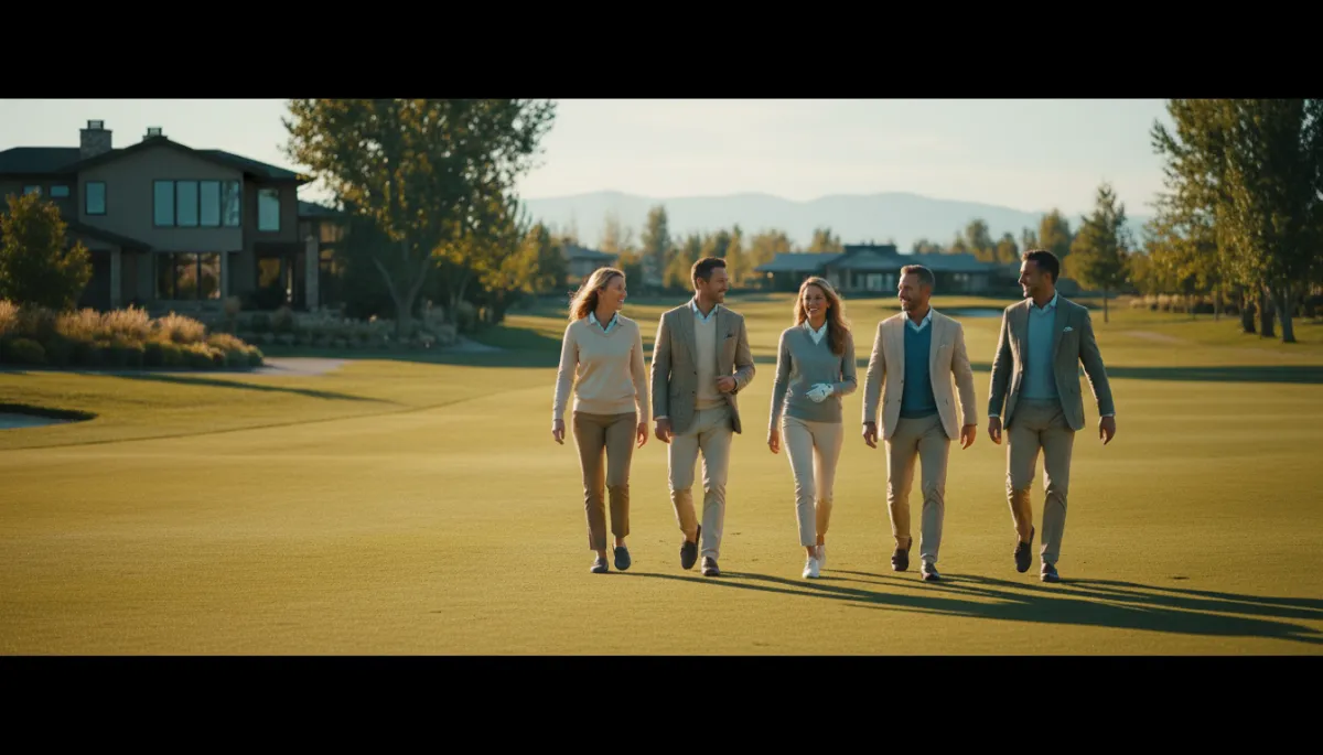 Residents walking along a golf fairway near luxury homes