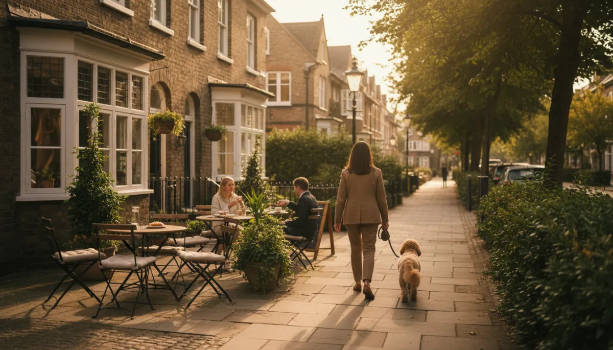 Person walking a dog past a local café in a quiet neighborhood