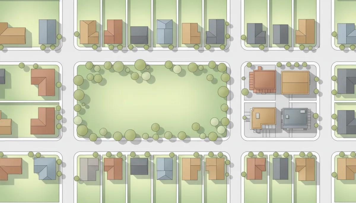 Aerial view of residential neighborhood showing homes, park, and local amenities
