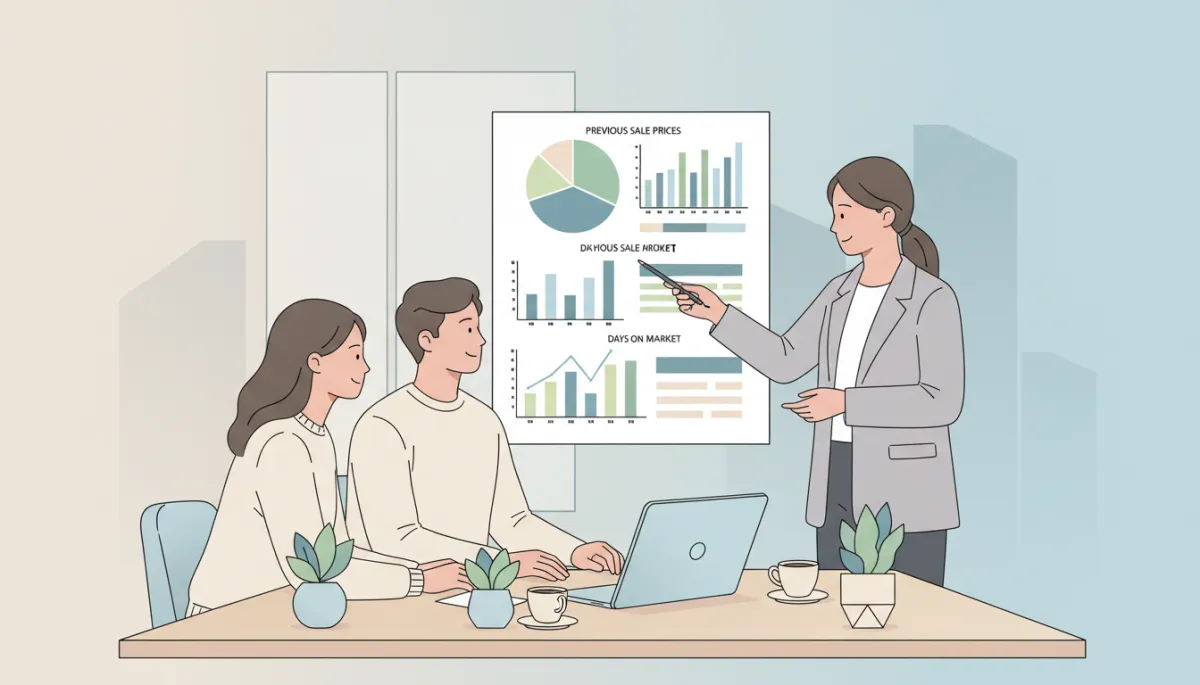 Real estate agent explaining previous sales data and days on market to homebuyers