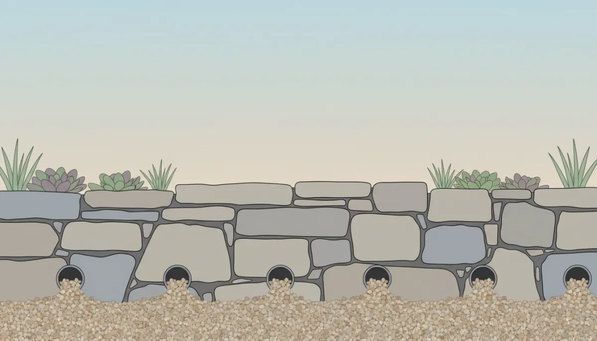 Close-up of a stone retaining wall with visible drainage details