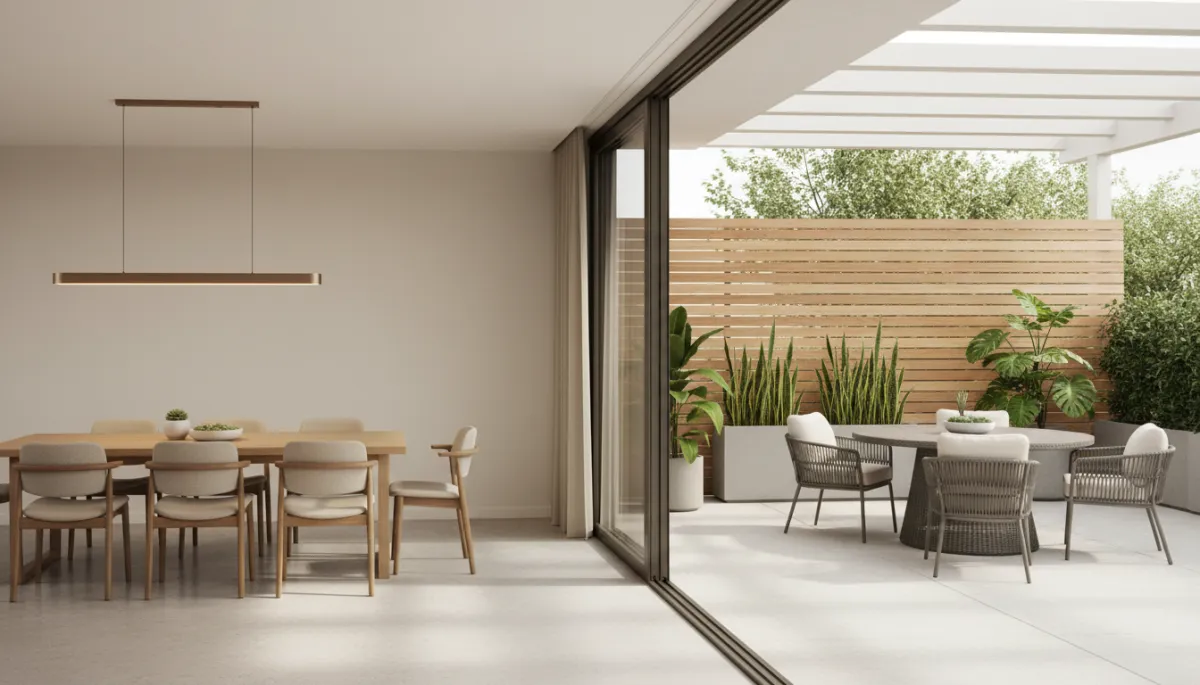 Dining room opening fully to a covered outdoor patio Dining room opening fully to a covered outdoor patio