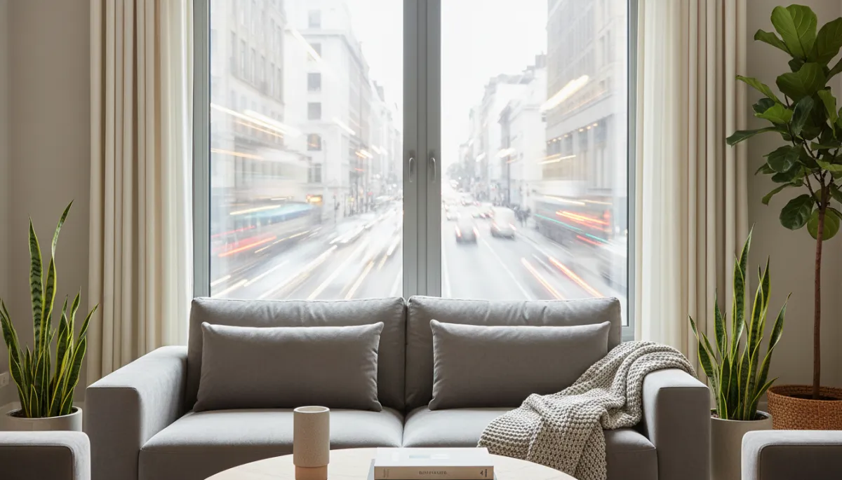 Living room window with traffic visible outside on a busy street