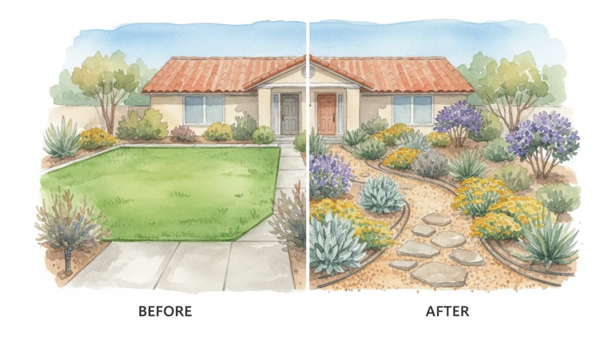 Front yard converted from traditional grass lawn to drought-tolerant landscaping Front yard converted from traditional grass lawn to drought-tolerant landscaping