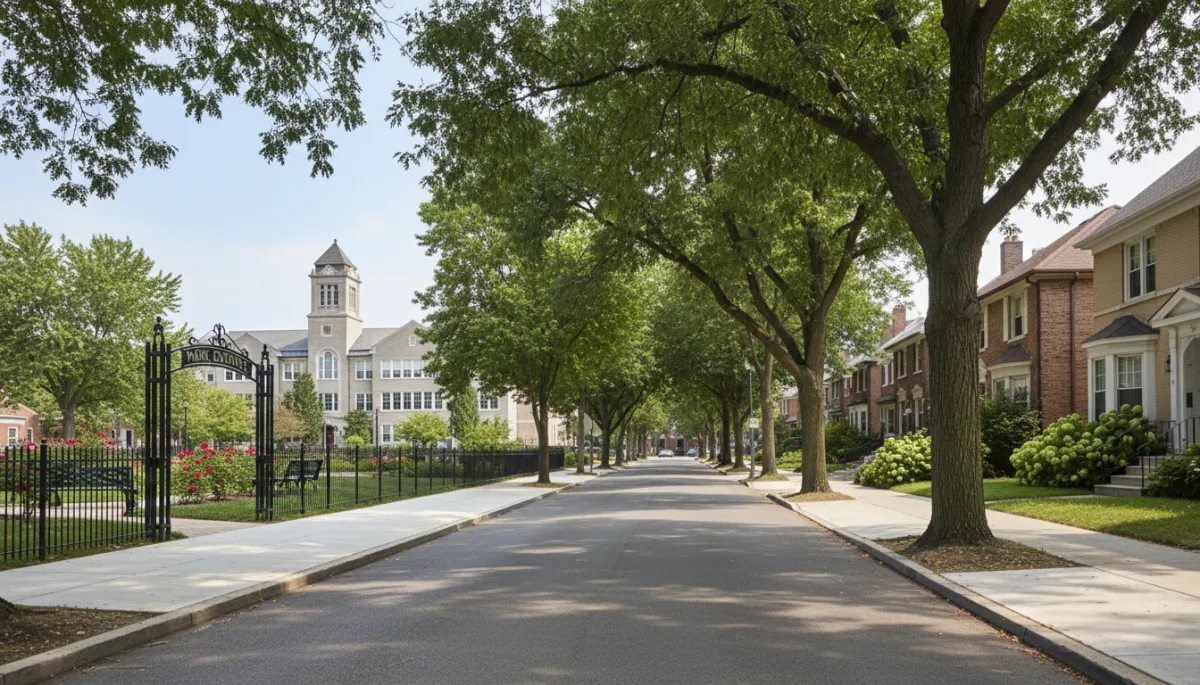 Residential street with sidewalks, trees, park access, and nearby school