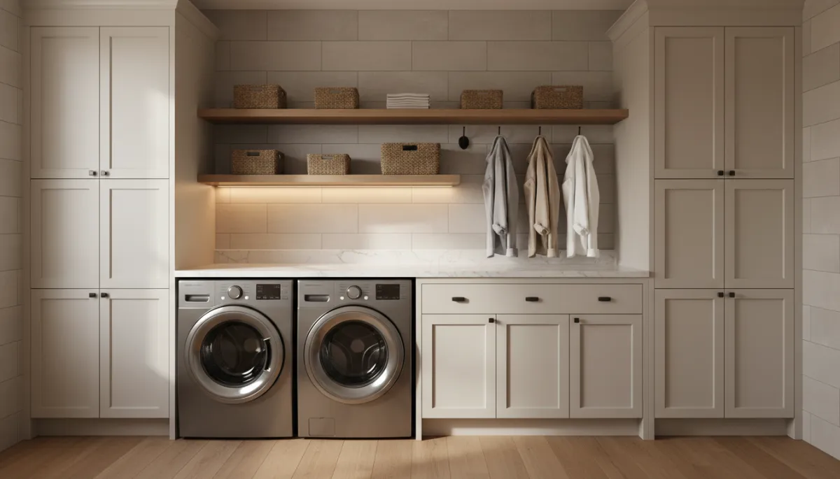 Professional neutral laundry room with cabinets, folding counter, and organized storage