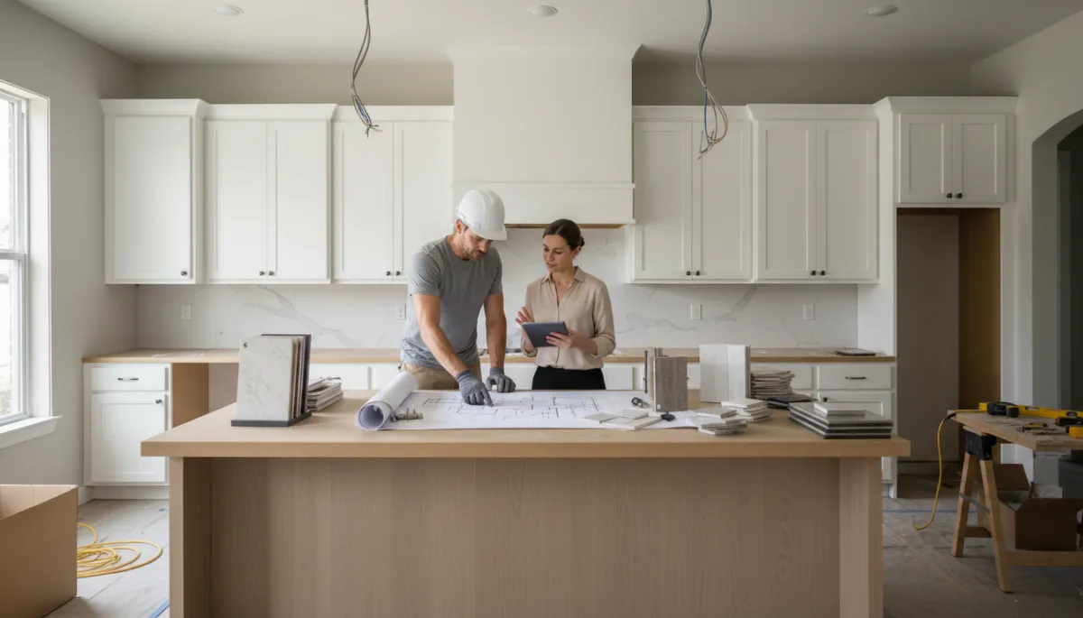 Contractor and designer reviewing structural and cosmetic plans for a kitchen renovation in a neutral, professional style