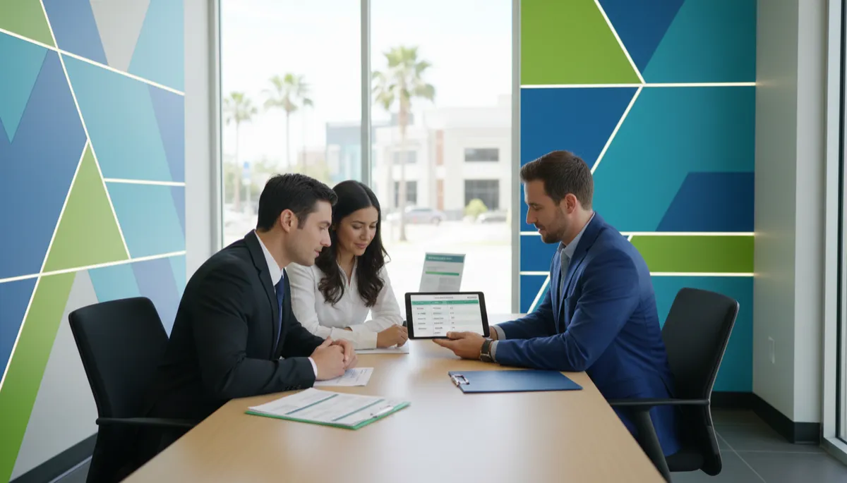 Customers reviewing a Buy Here Pay Here payment plan with a dealership staff member