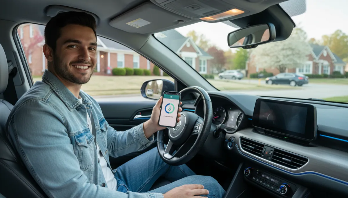 Driver in a used car checking an easy car payment reminder on a smartphone