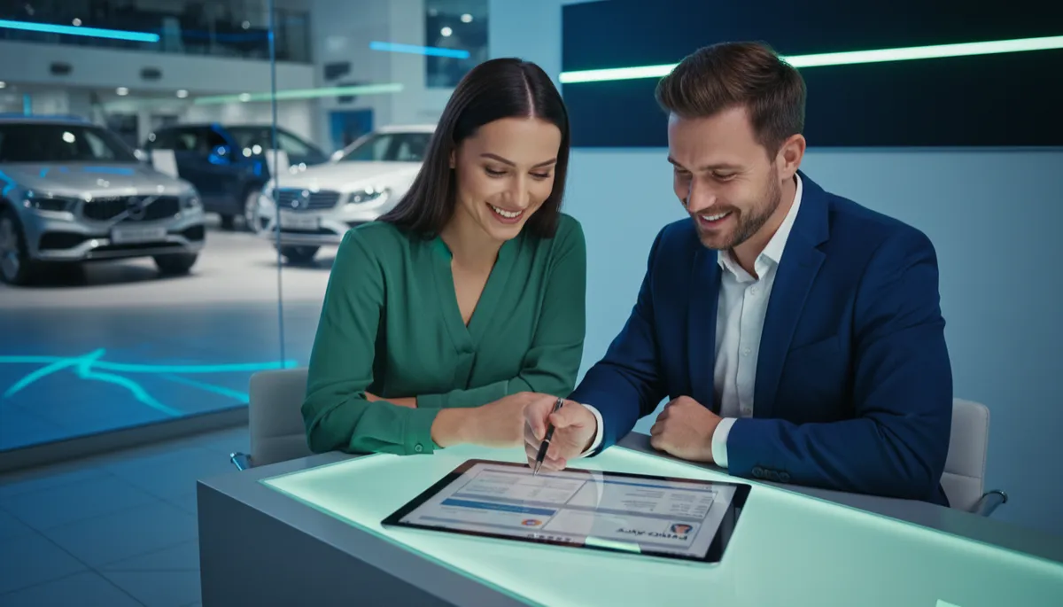 Customer and finance manager reviewing documents to buy a car with no credit
