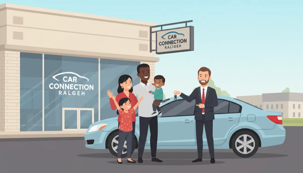 A professional, authentic photo of a diverse family smiling beside a clean pre-owned sedan in front of the actual Car Connection Raleigh dealership, with the real Car Connection Raleigh logo naturally integrated on dealership signage or a window, not pasted or floating. No artificial overlays or made-up logos. Neutral colors, daytime, genuine interaction with a sales consultant handing over keys. A professional, authentic photo of a diverse family smiling beside a clean pre-owned sedan in front of the actual Car Connection Raleigh dealership, with the real Car Connection Raleigh logo naturally integrated on dealership signage or a window, not pasted or floating. No artificial overlays or made-up logos. Neutral colors, daytime, genuine interaction with a sales consultant handing over keys.