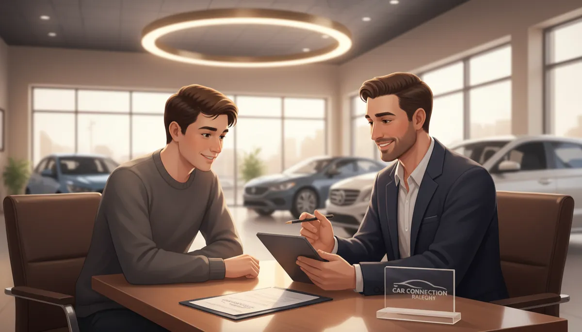 A real photo inside Car Connection Raleigh: a first-time car buyer sitting with a consultant at a dealership desk. The authentic Car Connection Raleigh logo should appear naturally, such as on desk signage, branded paperwork, or a plaque—never digitally pasted or as an artificial overlay. Warm, inviting atmosphere. A real photo inside Car Connection Raleigh: a first-time car buyer sitting with a consultant at a dealership desk. The authentic Car Connection Raleigh logo should appear naturally, such as on desk signage, branded paperwork, or a plaque—never digitally pasted or as an artificial overlay. Warm, inviting atmosphere.