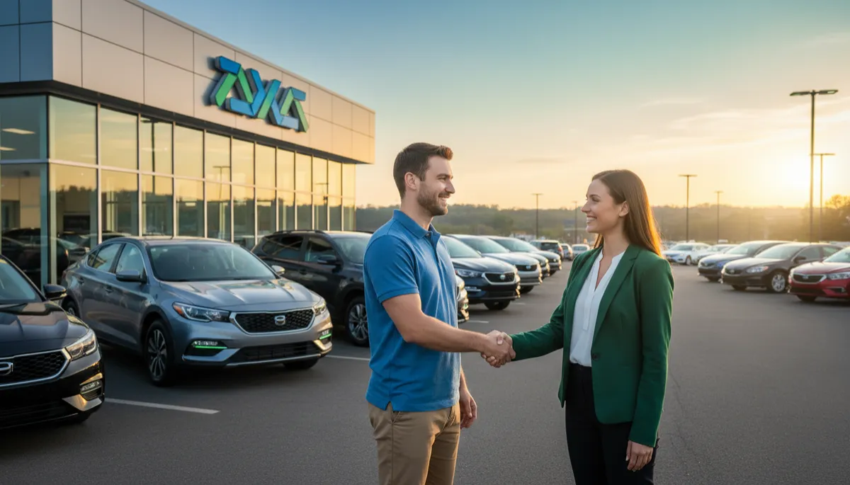 photorealistic scene of a smiling driver shaking hands with a friendly salesperson in front of a small Raleigh car dealership, modern blue and green signage, late afternoon light, clean used cars lined up with subtle blue and green accents