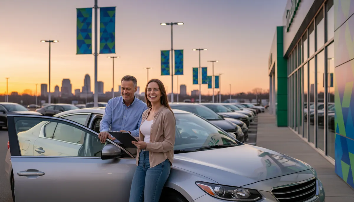 photorealistic wide shot of a smiling young driver standing next to a pre-owned sedan in a modern dealership lot at sunset, blue and green banners and signage, friendly salesperson pointing to paperwork on a clipboard, subtle city skyline hinting at Raleigh NC in background, modern blue and green color scheme