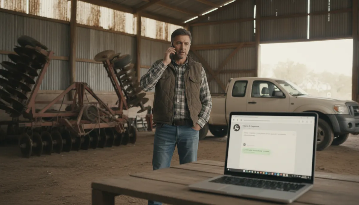 escena fotorrealista en tonos neutros de un productor agropecuario hablando por teléfono desde el galpón, al fondo una rastra de discos y una camioneta, en primer plano una notebook con WhatsApp Web abierto mostrando conversación con fábrica de repuestos