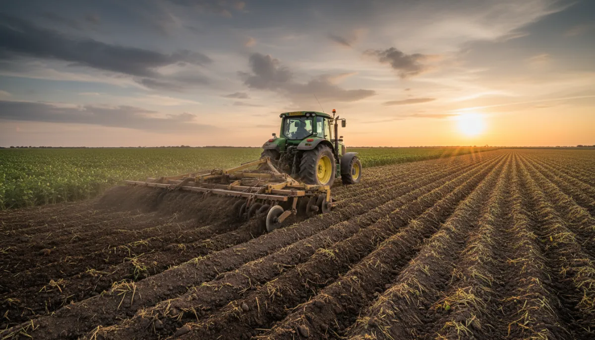 maquinaria agrícola fotorrealista trabajando un lote de soja en la llanura pampeana al atardecer, una rastra doble acción enganchada a un tractor mediano, suelo recién labrado y cielo neutro con nubes suaves