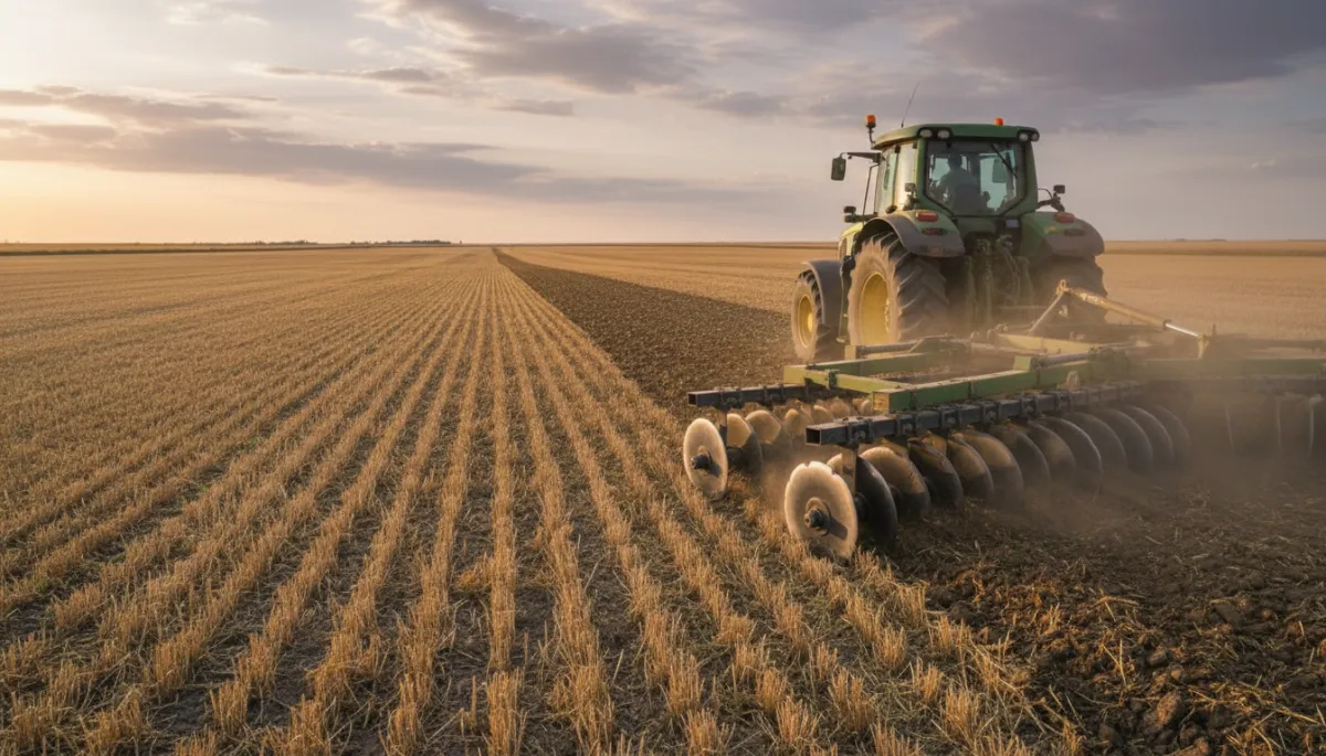 escena fotorrealista de una rastra de discos trabajando en un lote de trigo rastrojo en la llanura pampeana, tractor verde tirando la rastra al atardecer, cielo parcialmente nublado, colores neutros y naturales, foco en la rastra y sus discos metálicos