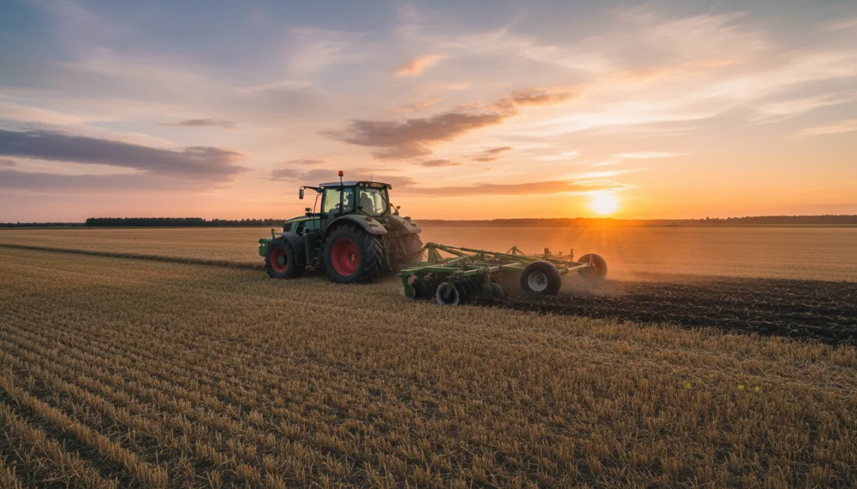 Rastra de discos trabajando en un lote de siembra fina al atardecer, tractor verde avanzando sobre rastrojo de trigo, suelo seco pero firme, cielo parcialmente nublado, estilo fotorrealista, colores neutros y naturales