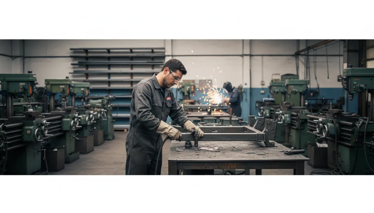 Taller metalúrgico fotorrealista en Tandil, Argentina, con operario ajustando una bancada agrícola sobre una mesa de trabajo, chispas de soldadura suaves al fondo, máquinas de mecanizado y barras de acero ordenadas, iluminación neutra de galpón industrial