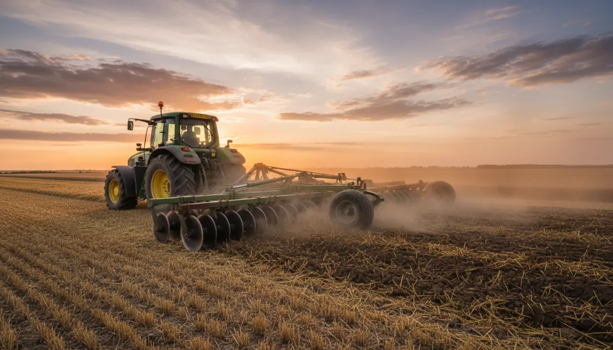 rastra de discos fotorrealista trabajando en un lote de trigo rastrojado al atardecer, tractor verde tirando la rastra, suelo seco levantando algo de polvo, cielo parcialmente nublado, colores neutros y realistas