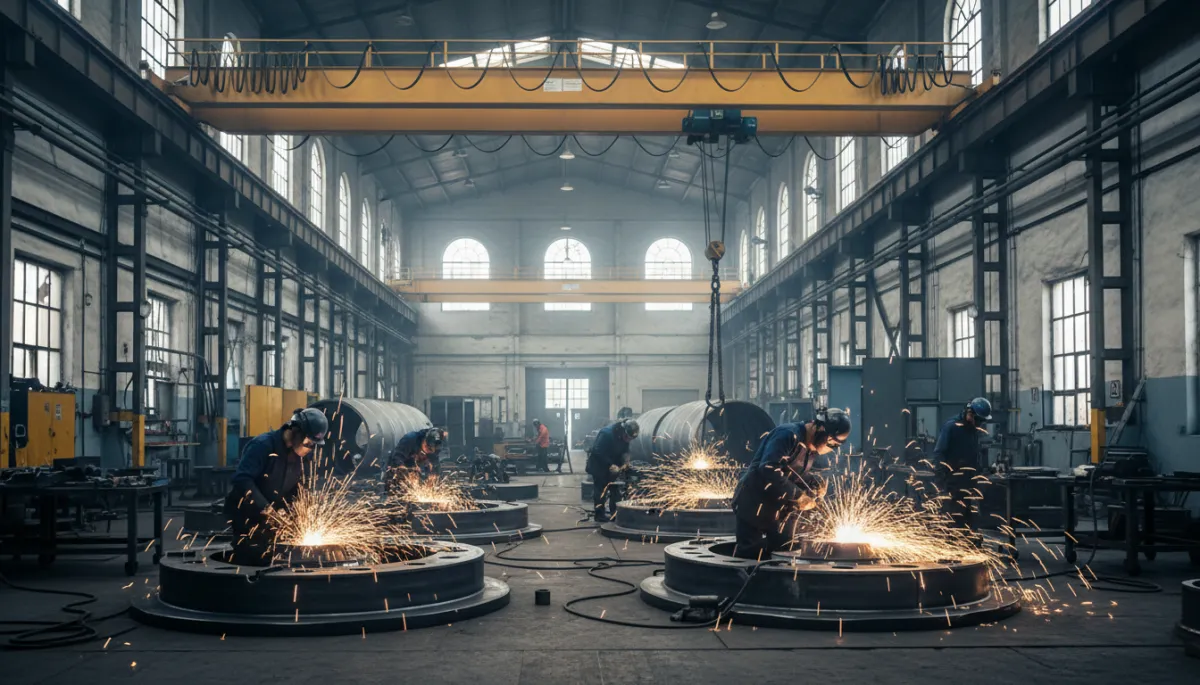 interior fotorrealista de fábrica metalúrgica argentina en Tandil, operarios trabajando sobre piezas de acero para rastras de discos, chispas de soldadura, grúas puente, luz natural entrando por ventanales altos, ambiente prolijo y profesional