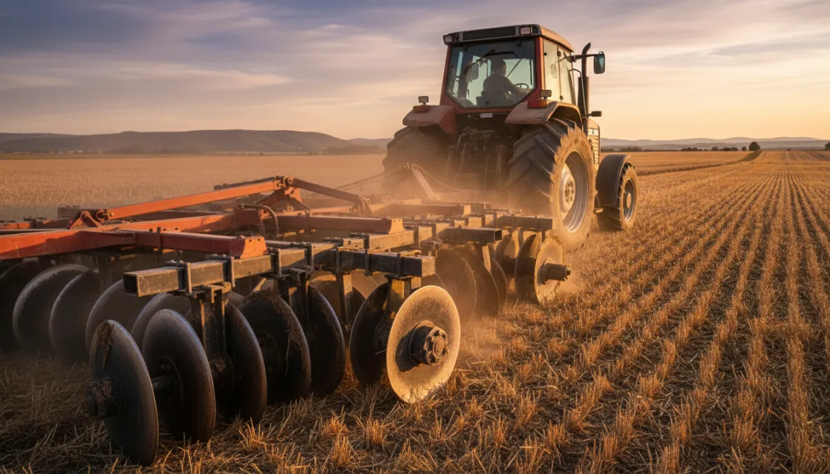 escena fotorrealista de una rastra de discos enganchada a un tractor trabajando al atardecer en un lote de trigo en Tandil, cielo parcialmente nublado, colores neutros y naturales, vista lateral con foco en los discos y las bancadas