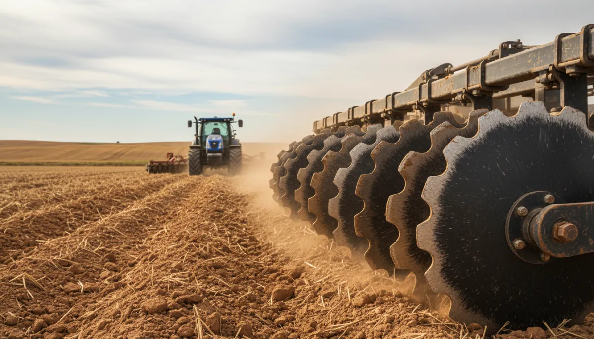 Vista fotorrealista de una rastra de discos trabajando sobre un lote de suelo seco en la pampa húmeda, enfoque cercano en los discos escamadores metálicos de color oscuro, tractor moderno al fondo, cielo ligeramente nublado, paleta de colores neutros y terrosos