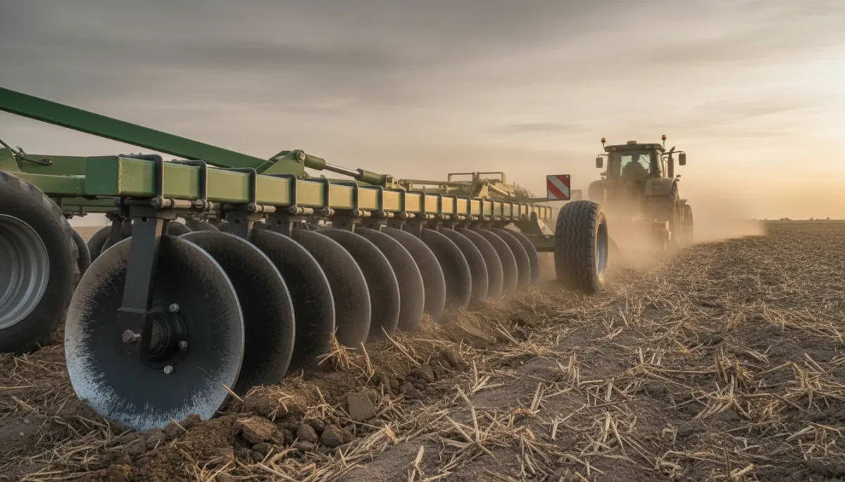 escena fotorrealista de una rastra de discos trabajando en un lote agrícola en Tandil al atardecer, primer plano del eje de batería y discos ligeramente polvorientos, tractor verde y cielo neutro de fondo, colores sobrios y neutros