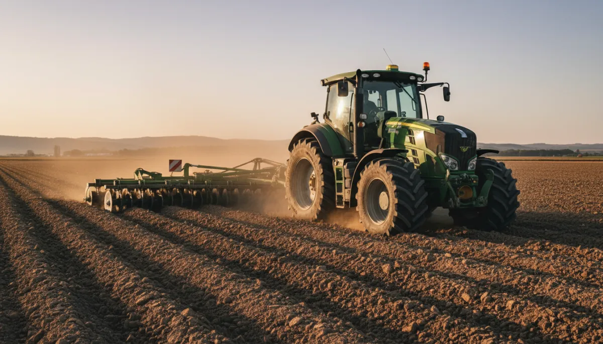escena fotorrealista de una rastra de discos trabajando en un lote cercano a Tandil al atardecer, tractor verde en primer plano, se aprecia claramente el ángulo de ataque de los discos y el suelo siendo volteado, colores neutros y luz suave