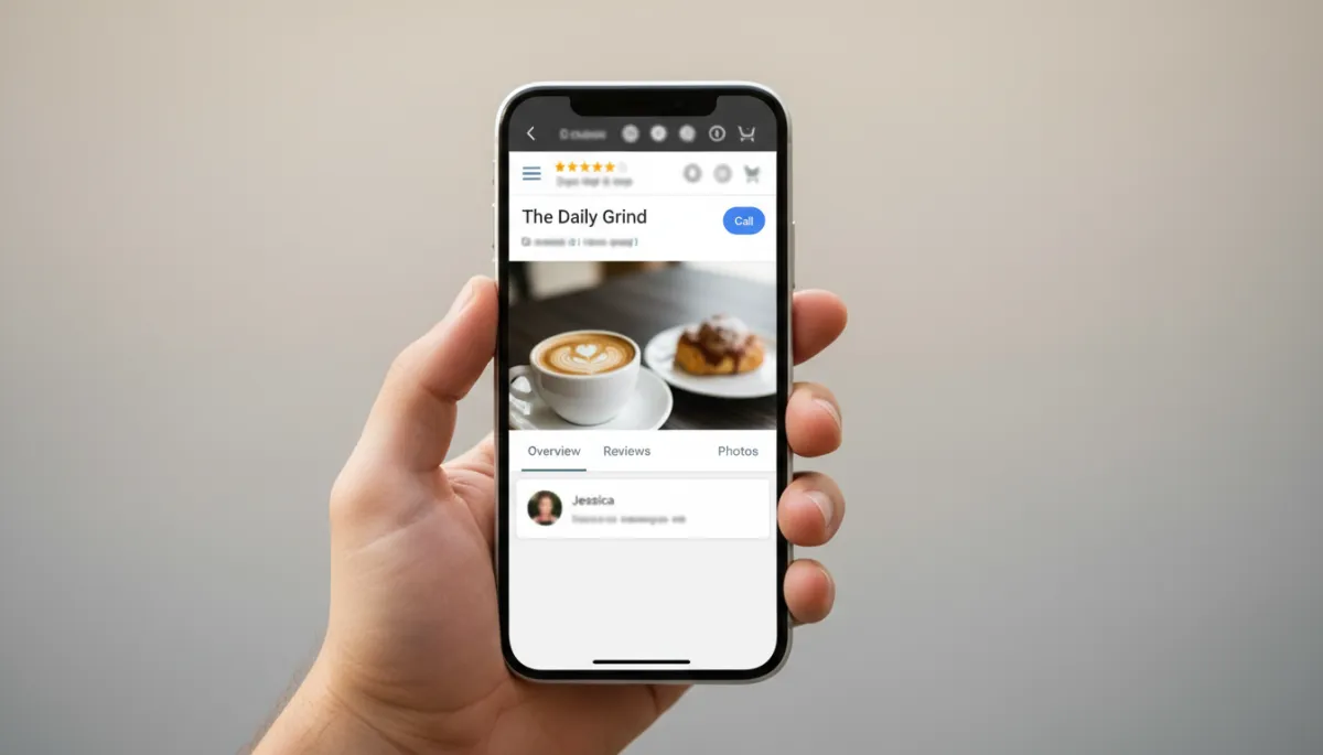 Smartphone showing local business listing with call button and reviews