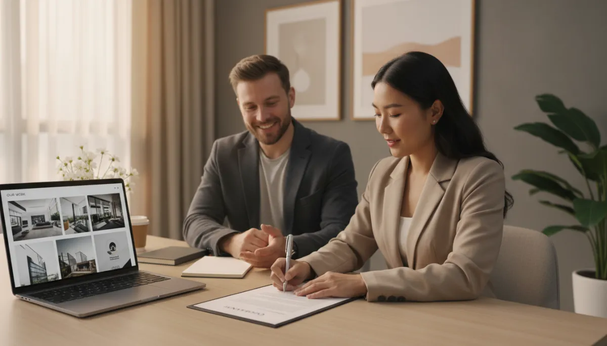 Business owner signing a client contract with their portfolio website visible on a laptop