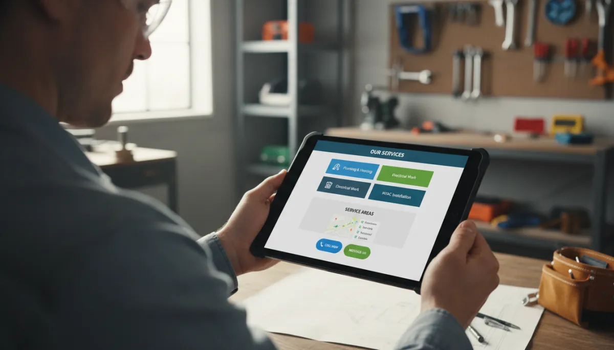 Tradesperson viewing a mobile-optimised local business website on a tablet