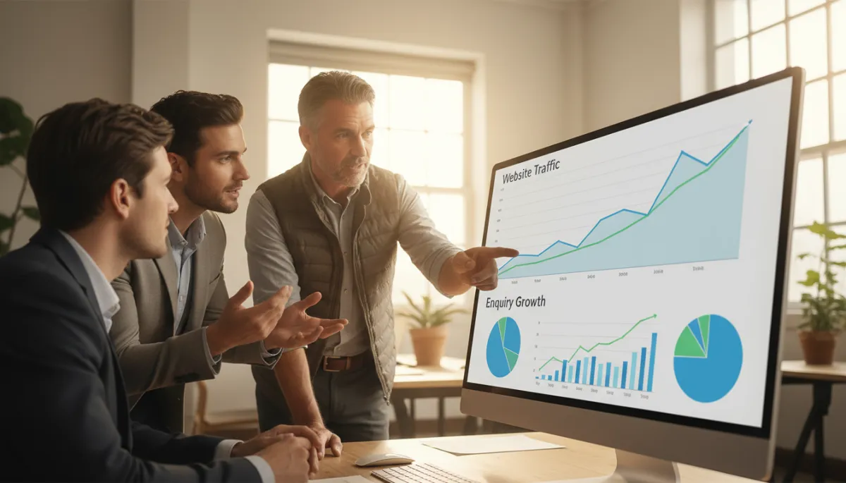 Agency team and trades business owner reviewing website analytics on a monitor