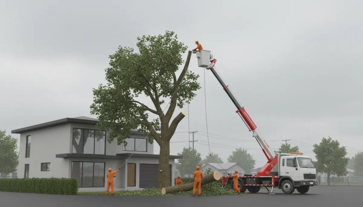 Tree removal crew working carefully around a house and power lines