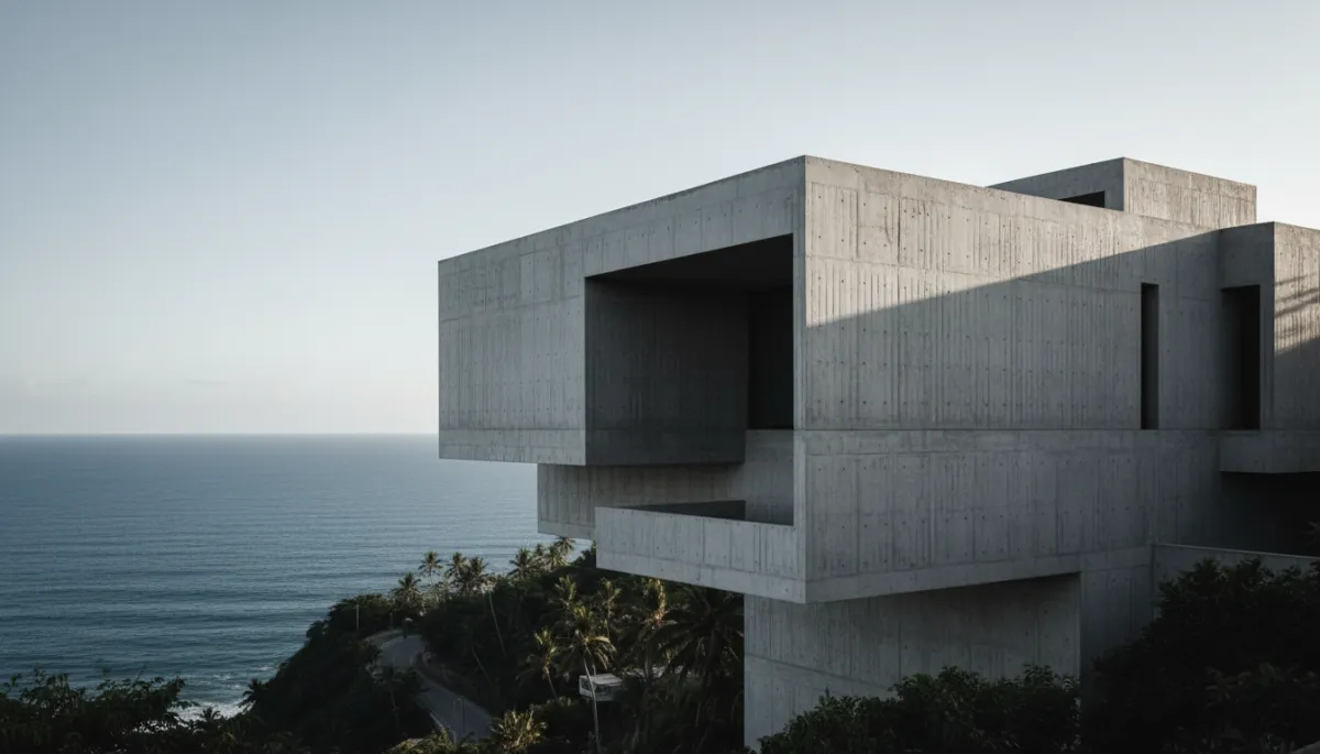 Exposed concrete house overlooking a tropical coastline with strong light and shadow