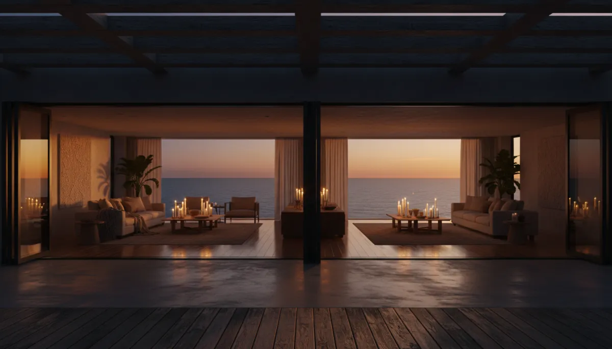 Moody interior at dusk showing a shaded concrete and timber terrace opening seamlessly to a living room, warm golden-hour light reflecting off polished floors, ocean horizon framed beyond, candlelight and soft textiles, photorealistic, cinematic