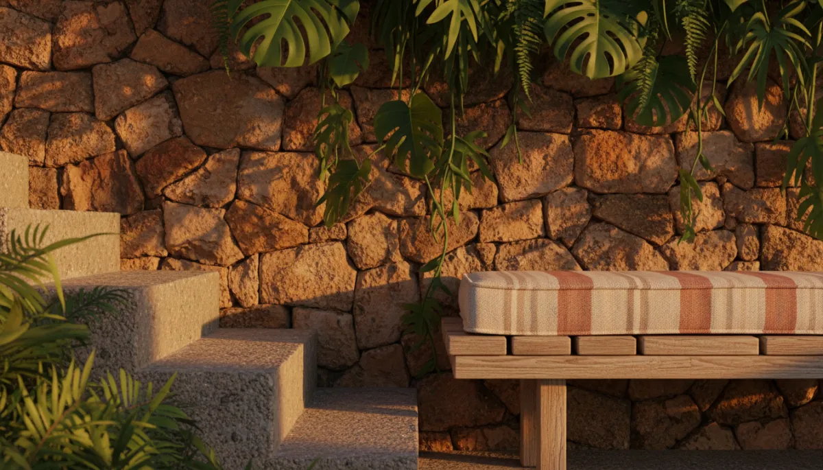 Close-up detail of a concrete stair meeting a wall of hand-laid local stone, lush tropical vegetation casting shadows across a woven textile and timber bench, warm golden-hour light grazing textures, photorealistic, cinematic