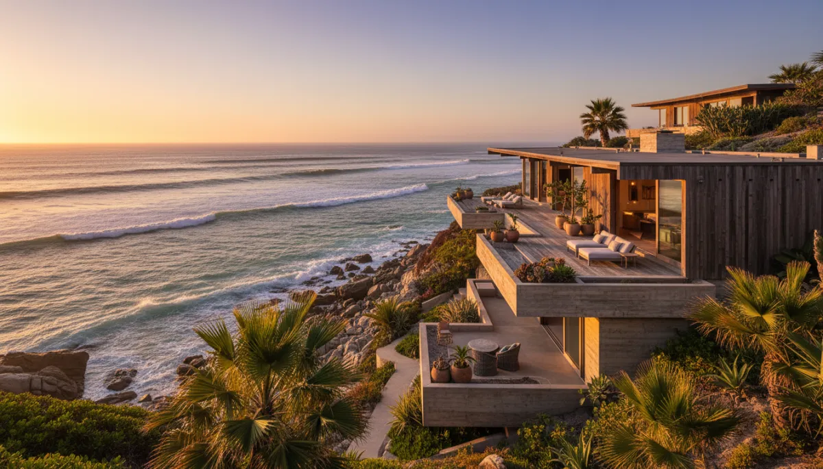 Wide golden-hour view of a low-slung concrete and timber home stepping down a rocky hillside above the Pacific near Puerto Escondido, deep terraces glowing in warm coastal light, palms and native vegetation in foreground, waves breaking below, photorealistic, cinematic