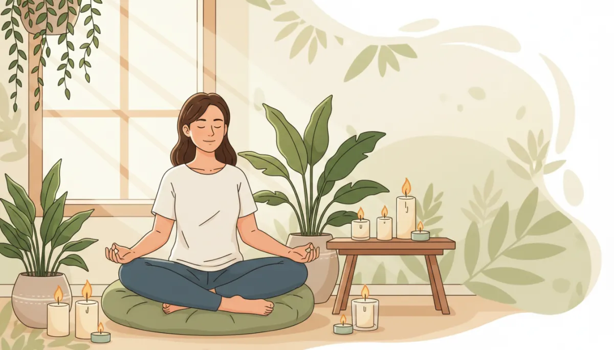 Person sitting peacefully on a cushion in a softly lit room, eyes closed, hands resting on knees, warm natural light from a nearby window, plants and candles around, atmosphere of deep calm and inner reflection Person sitting peacefully on a cushion in a softly lit room, eyes closed, hands resting on knees, warm natural light from a nearby window, plants and candles around, atmosphere of deep calm and inner reflection