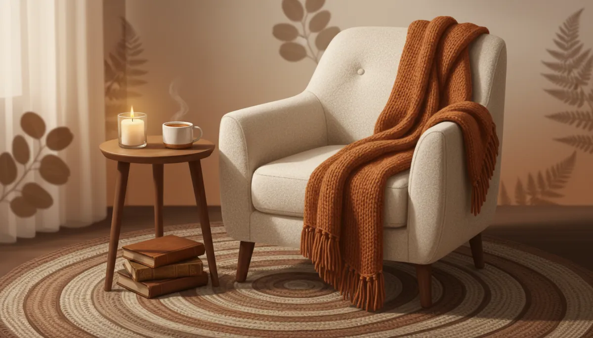 Close-up of a cozy corner with a soft chair, a blanket, a mug of tea on a small table, and a candle glowing gently, inviting a sense of safety and comfort Close-up of a cozy corner with a soft chair, a blanket, a mug of tea on a small table, and a candle glowing gently, inviting a sense of safety and comfort