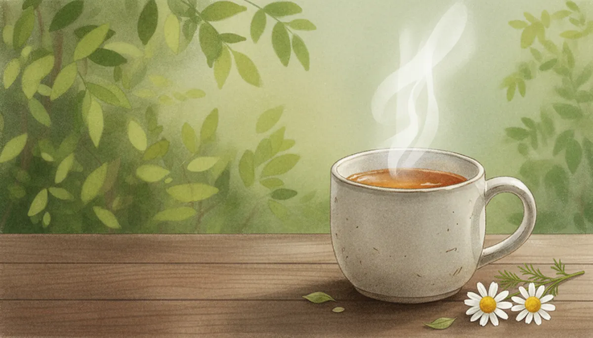 Steam rising from a cup of herbal tea on a wooden table, with a sprig of chamomile flowers beside it and soft-focus greenery in the background Steam rising from a cup of herbal tea on a wooden table, with a sprig of chamomile flowers beside it and soft-focus greenery in the background