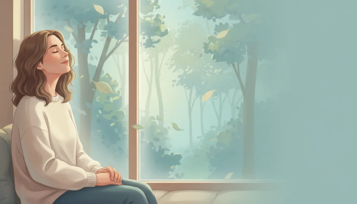 Person sitting near a window with eyes closed, faint view of trees outside, subtle suggestion of wind moving leaves, expression of quiet listening Person sitting near a window with eyes closed, faint view of trees outside, subtle suggestion of wind moving leaves, expression of quiet listening