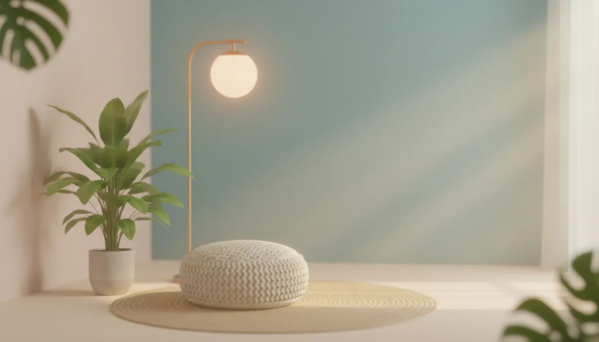 Soft-focus view of a peaceful room with a plant, a cushion, and a softly glowing lamp, with gentle colors and simple shapes Soft-focus view of a peaceful room with a plant, a cushion, and a softly glowing lamp, with gentle colors and simple shapes
