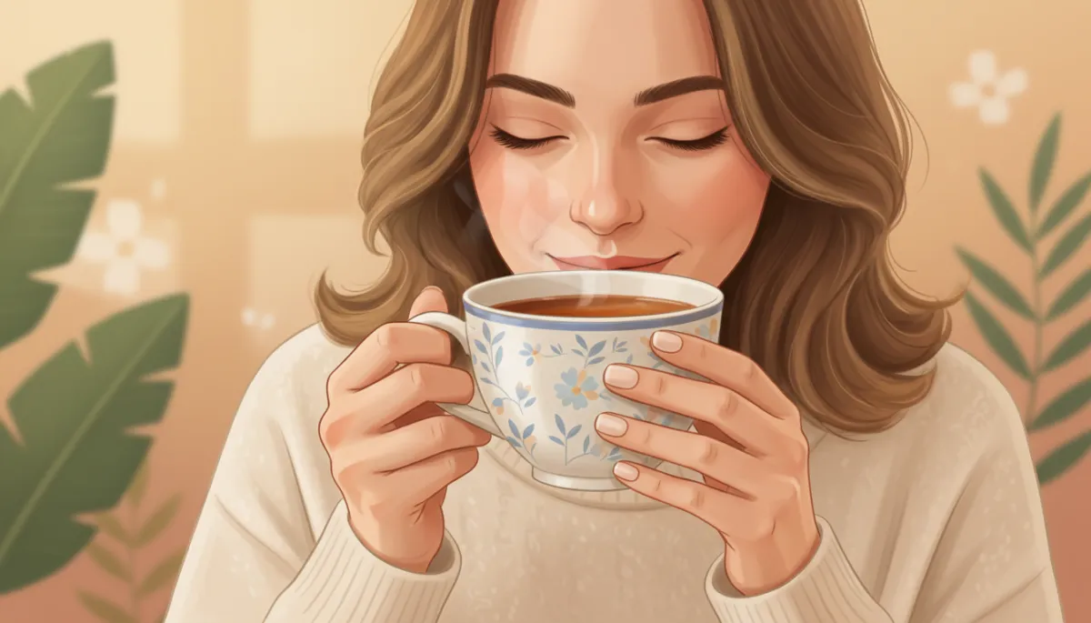 Close-up of a person gently sipping tea, focus on the cup near their lips, expression soft and relaxed Close-up of a person gently sipping tea, focus on the cup near their lips, expression soft and relaxed