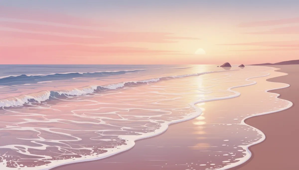 Gentle waves rolling onto a quiet shoreline at sunset, soft colors in the sky reflecting on the water, evoking calm and emotional release Gentle waves rolling onto a quiet shoreline at sunset, soft colors in the sky reflecting on the water, evoking calm and emotional release