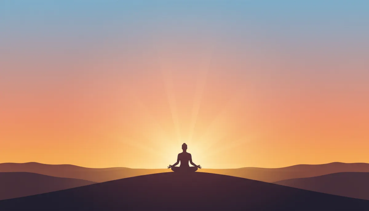 Silhouette of a person meditating at sunrise on a hilltop, soft golden light radiating around them, blending into the horizon to suggest oneness with everything Silhouette of a person meditating at sunrise on a hilltop, soft golden light radiating around them, blending into the horizon to suggest oneness with everything