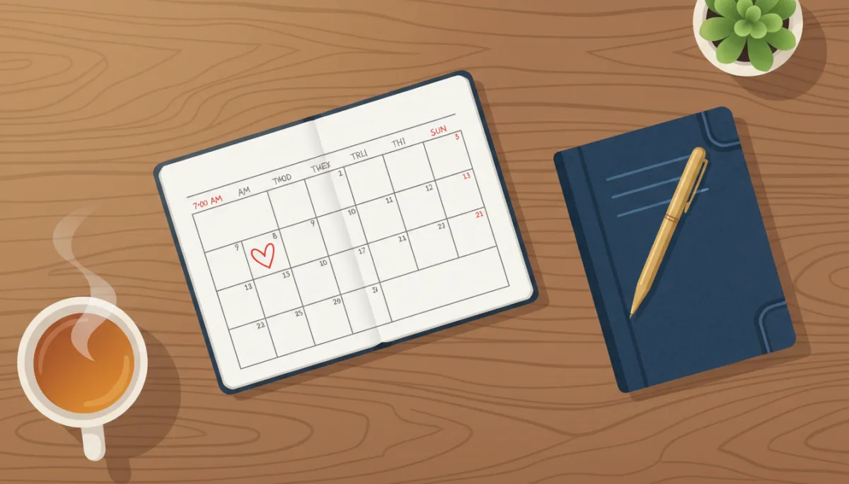 Calendar page with a small heart drawn around a daily time slot, next to a journal and pen on a wooden desk, suggesting a gentle self-care routine Calendar page with a small heart drawn around a daily time slot, next to a journal and pen on a wooden desk, suggesting a gentle self-care routine