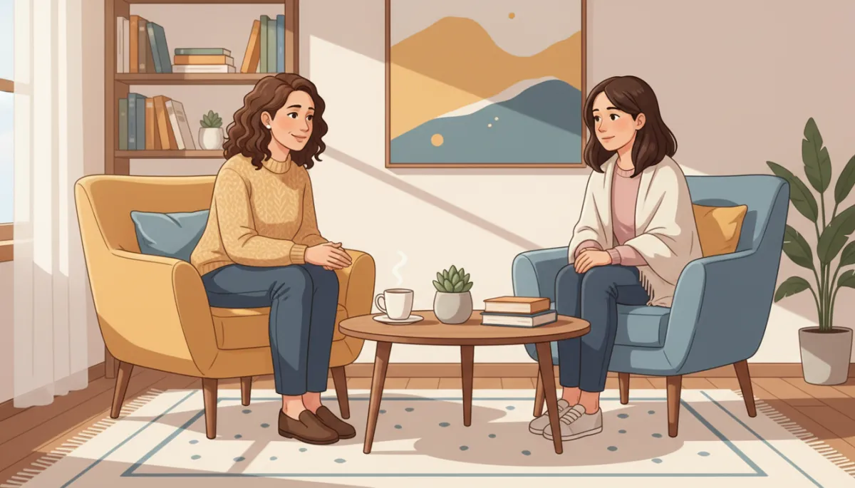 Counsellor and client in a warm, inviting therapy room, both seated comfortably, counsellor listening attentively with a gentle, reassuring expression Counsellor and client in a warm, inviting therapy room, both seated comfortably, counsellor listening attentively with a gentle, reassuring expression