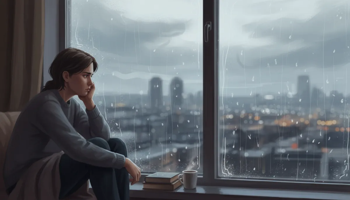 A realistic image of a person sitting alone in contemplation, looking out a window, expressing a sense of being stuck or deep in thought.
